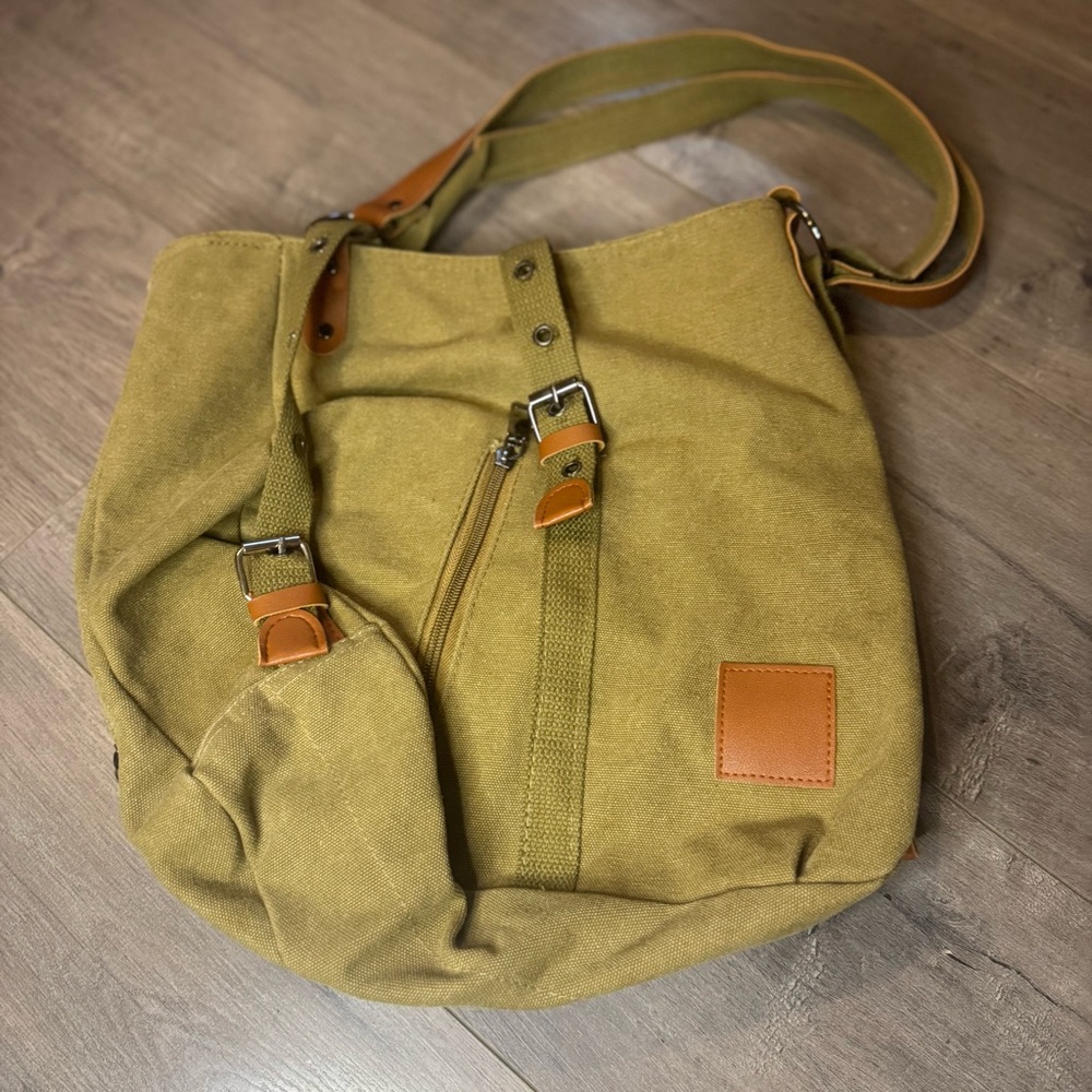 Olive Green Canvas Convertible Backpack / Shoulder Bag with Faux Leather Trim